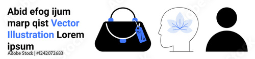 Black handbag with blue accents, human head featuring a floral design symbolizing creativity, and a simple person silhouette. Ideal for fashion, art, beauty, mindfulness, branding, psychology flat