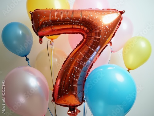 Colorful balloons forming the number seven for a seventh birthday party