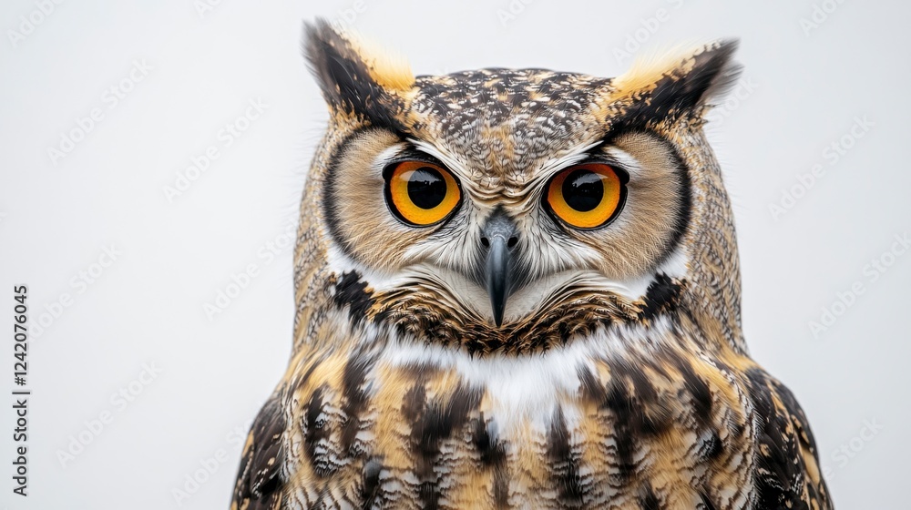 Close-Up of a Majestic Owl with Striking Yellow Eyes and Feathers Close-Up of a Majestic Owl with Striking Yellow Eyes and Feathers
