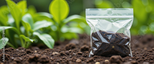 Garden Soil Testing with a plastic bag filled with rich brown soil placed on dark brown earth surrounded by vibrant green leaves conveying a sense of freshness and growth