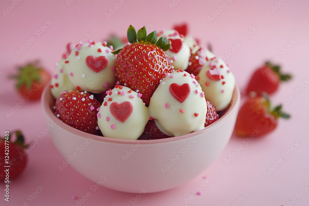 Bowl of fresh strawberries dipped in white chocolate, decorated with tiny red heart sprinkles, arranged elegantly against a soft pastel pink background Bowl of fresh strawberries dipped in white chocolate, decorated with tiny red heart sprinkles, arranged elegantly against a soft pastel pink background