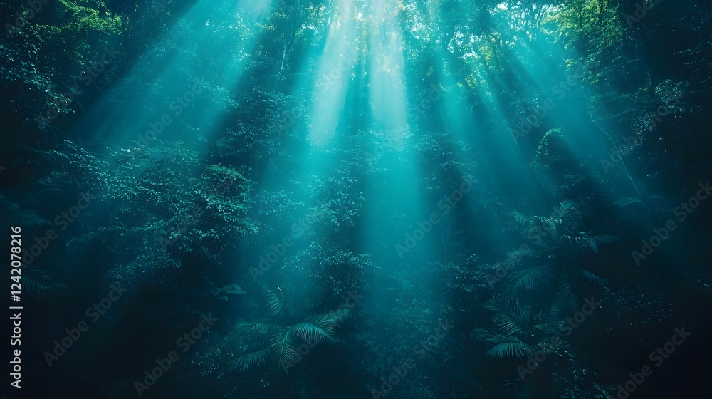 Fototapeta premium Lush Tropical Rainforest with Carbon Offset Overlay and Soft Misty Lighting