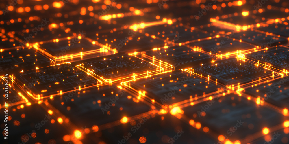 Obraz premium Blockchain Nodes Glowing in a Connected Grid Network