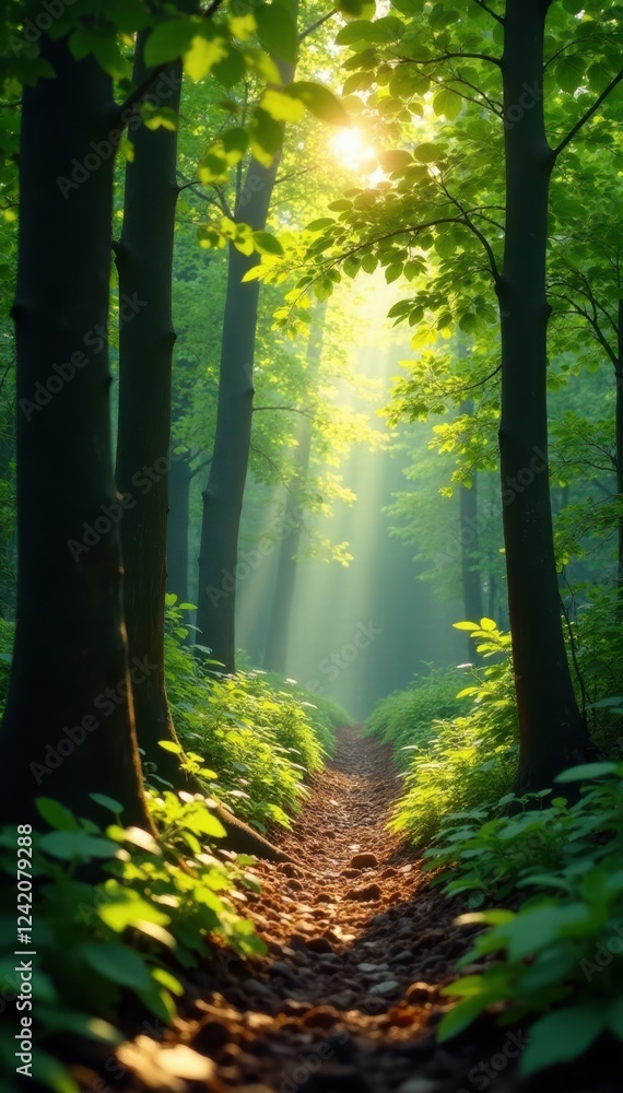 Fototapeta premium High angle shot, young forest, sunlight dappling leaves, bright, light