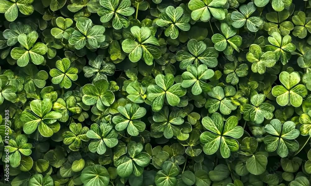 A dense arrangement of vibrant green clovers fills the view. A dense arrangement of vibrant green clovers fills the view.
