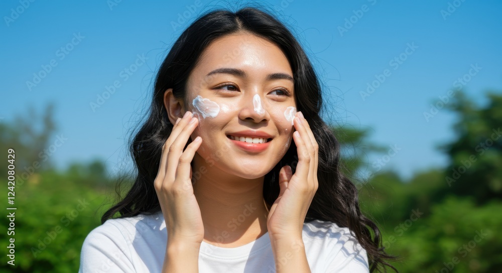 Smiling woman applying sunscreen outdoors on a sunny day Smiling woman applying sunscreen outdoors on a sunny day