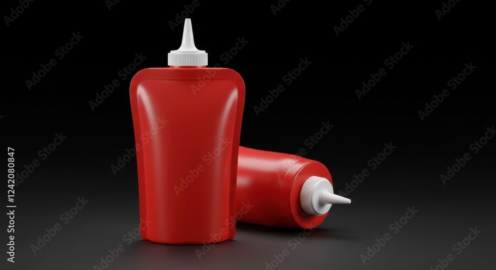 Red squeeze bottle set against dark backdrop with dramatic lighting Red squeeze bottle set against dark backdrop with dramatic lighting