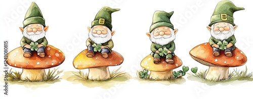 Watercolor illustration set of gnomes, St. Patrick's day. Watercolor illustration set of cheerful St Patrick s Day gnomes sitting on oversized mushrooms, surrounded by shamrocks