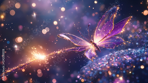 Enchanting moments a fairy godmother's wish granting in a sparkle-filled magical realm captured in a mesmerizing close-up of a wand evoking whimsy and wonder. Animal Kingdom Inspirations. Illustration photo