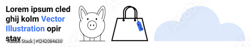 Piggy bank, shopping bag with tag, and cloud graphic representing saving money, shopping, finance, business, investment, economy and minimalistic design. Ideal for budgets e-commerce flat landing