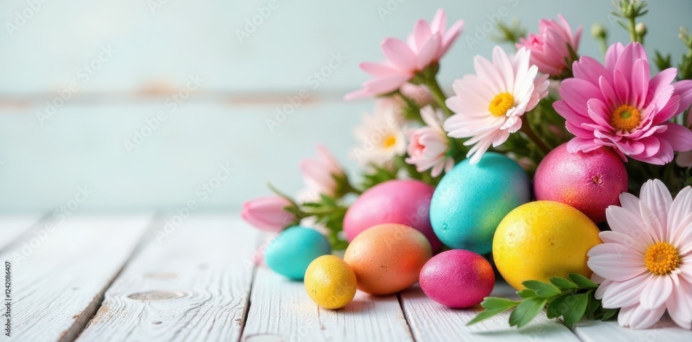 Several vibrant painted Easter eggs nestled amongst a bouquet of delicate blooms on a white wooden backdrop , table, celebration Several vibrant painted Easter eggs nestled amongst a bouquet of delicate blooms on a white wooden backdrop , table, celebration