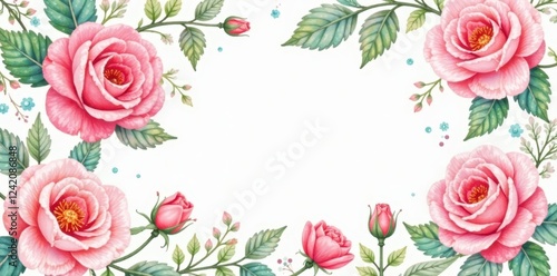 Delicate watercolor roses & leaves, blooming pattern, stem, romantic