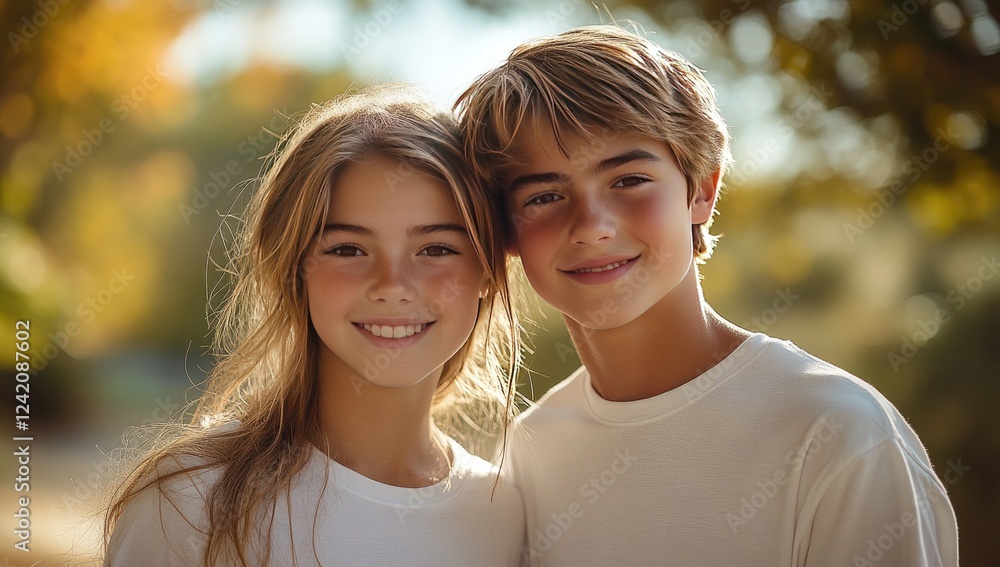 Portrait of a brother and sister smiling warmly at the camera, standing close together outdoors in a park setting. They both wear cream-colored sweaters. Autumnal colors are visible in the blurred Portrait of a brother and sister smiling warmly at the camera, standing close together outdoors in a park setting. They both wear cream-colored sweaters. Autumnal colors are visible in the blurred