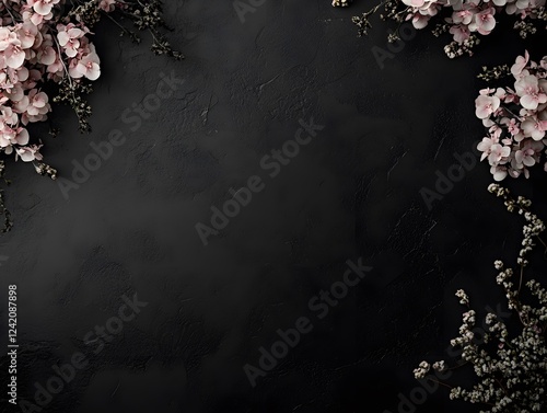 Pink Flowers and Greenery on Dark Gray Background