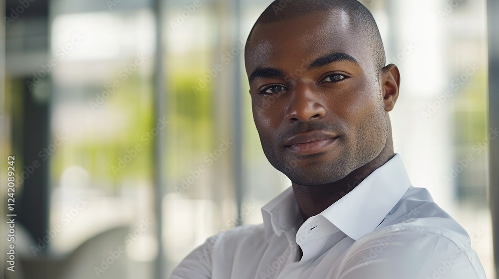 Confident IT Entrepreneur Portrait in Modern Office with Glass Partitions, Sharp Close-Up of Business Professional in White Shirt and Silver Watch Confident IT Entrepreneur Portrait in Modern Office with Glass Partitions, Sharp Close-Up of Business Professional in White Shirt and Silver Watch