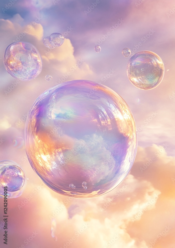 Surreal Floating Jelly-Like Water Droplets in a Dreamy Pastel Sky with Golden Sunset and Rainbow Reflections