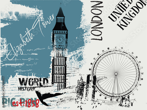 illustration of world historic buildings in  London, hand drawn illustration of Big Ben, Urban  typography art, t shirt graphics print Elizabeth Tower illustration.eps