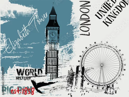 Obraz illustration of world historic buildings in  London, hand drawn illustration of Big Ben, Urban  typography art, t shirt graphics print Elizabeth Tower illustration.eps