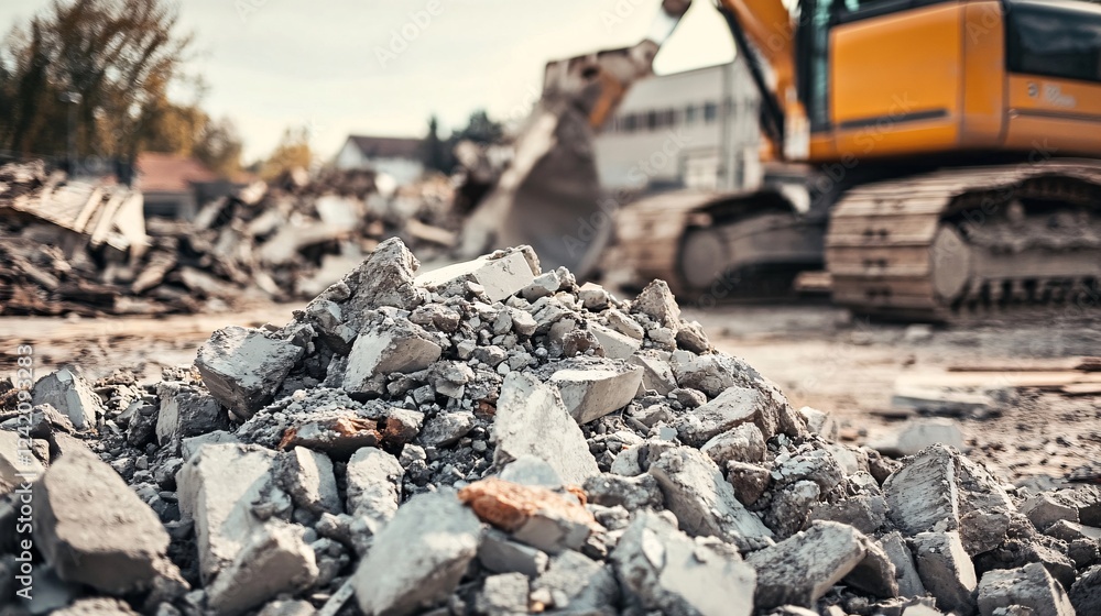 Excavator at demolition site, leaving a trail of rubble behind Excavator at demolition site, leaving a trail of rubble behind
