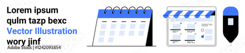 Desk calendar, e-commerce storefront webpage, and a pencil. Ideal for business scheduling, digital marketing, online sales, creative planning, organization productivity and strategy themes. Landing