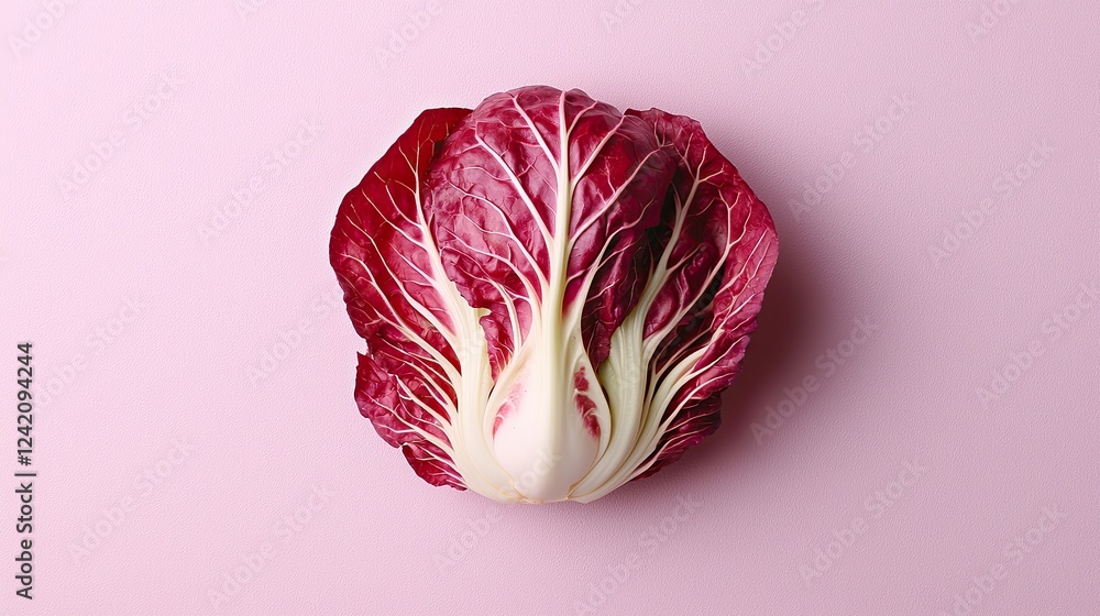Obraz premium Red cabbage resting on a pastel pink background showcasing its vibrant leaves and unique shape for a minimalist aesthetic