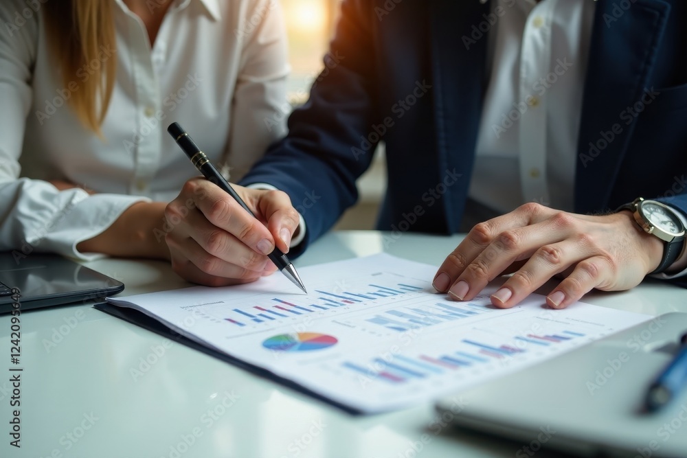 Client reviewing financial documents with advisor at desk, female, market Client reviewing financial documents with advisor at desk, female, market