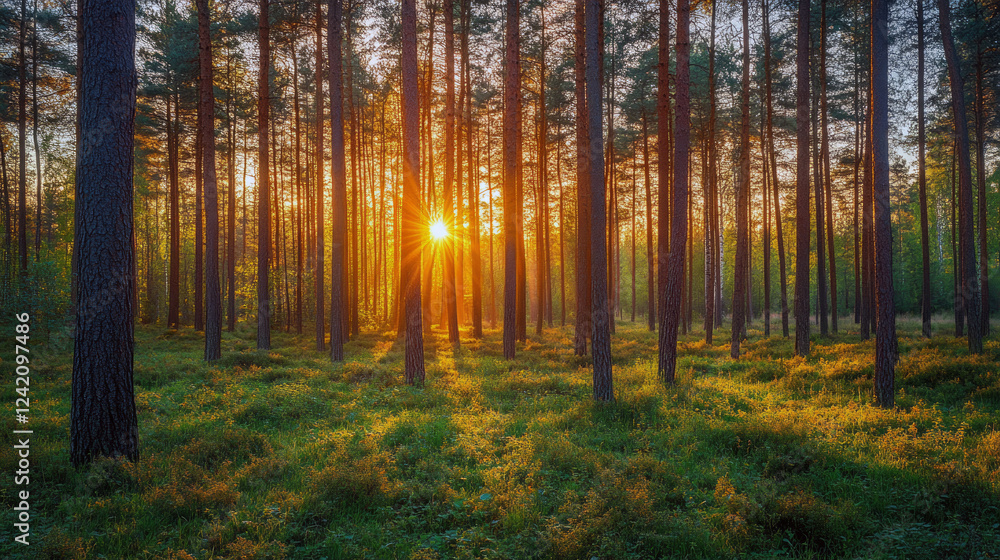 Obraz premium Golden sunset illuminating tranquil pine forest