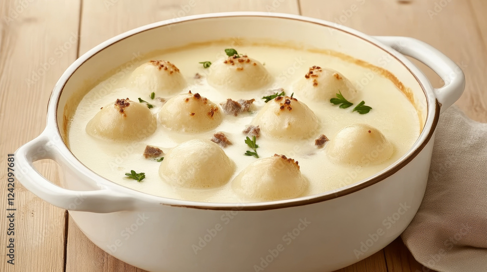 Bubbling Janssons frestelse fresh from the oven, showcasing creamy texture with anchovy bits against a rustic wood backdrop Bubbling Janssons frestelse fresh from the oven, showcasing creamy texture with anchovy bits against a rustic wood backdrop