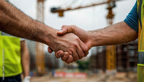 Construction worker team hands shaking at construction site concept. Two construction workers shake hands on a building site symbolizing partnership.