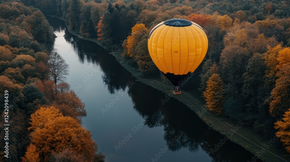Obraz premium Colorful Hot Air Balloon Over Autumn Forest and Reflective River