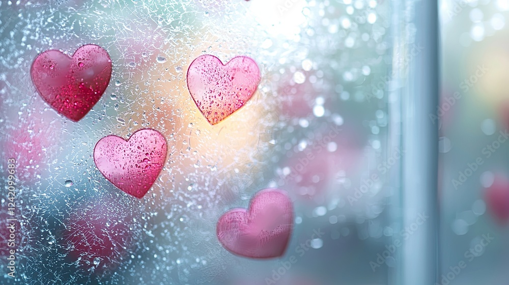 Obraz premium Raindrops on window with heart shapes creating a romantic atmosphere on a rainy day