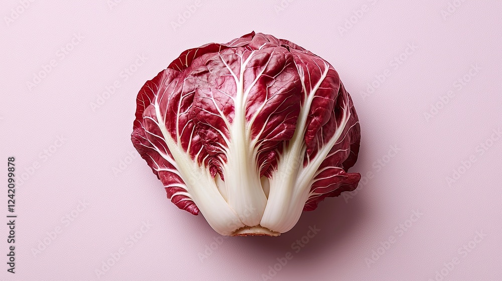 Obraz premium Freshly harvested red radicchio placed on a pastel pink background highlighting its vibrant colors and intricate leaf patterns