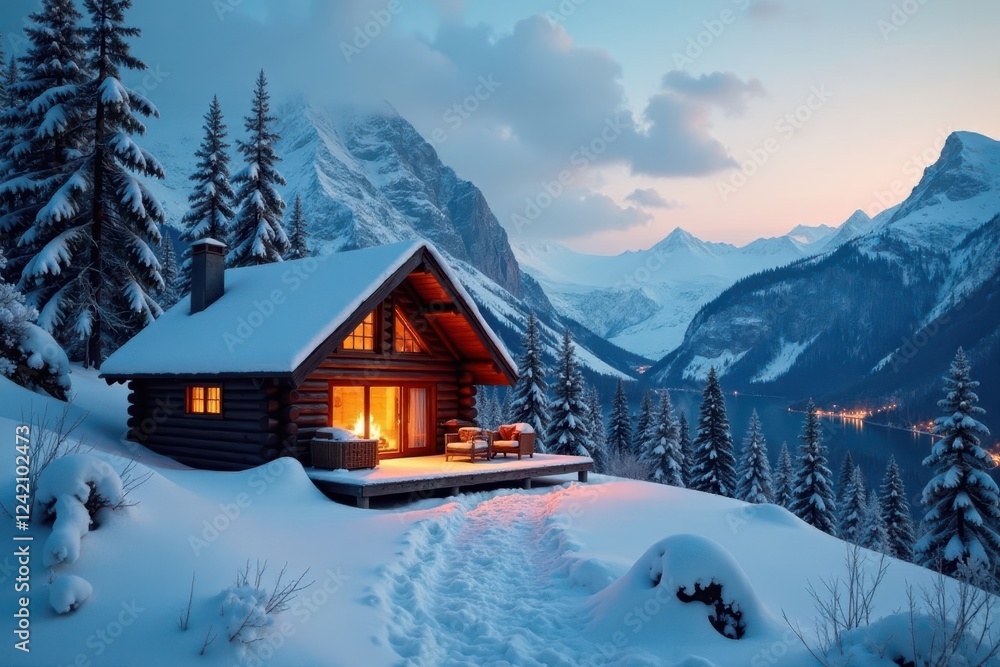 Cozy cabin nestled in snowy mountains, fireplace glow reflected on snow, lodge, landscape Cozy cabin nestled in snowy mountains, fireplace glow reflected on snow, lodge, landscape