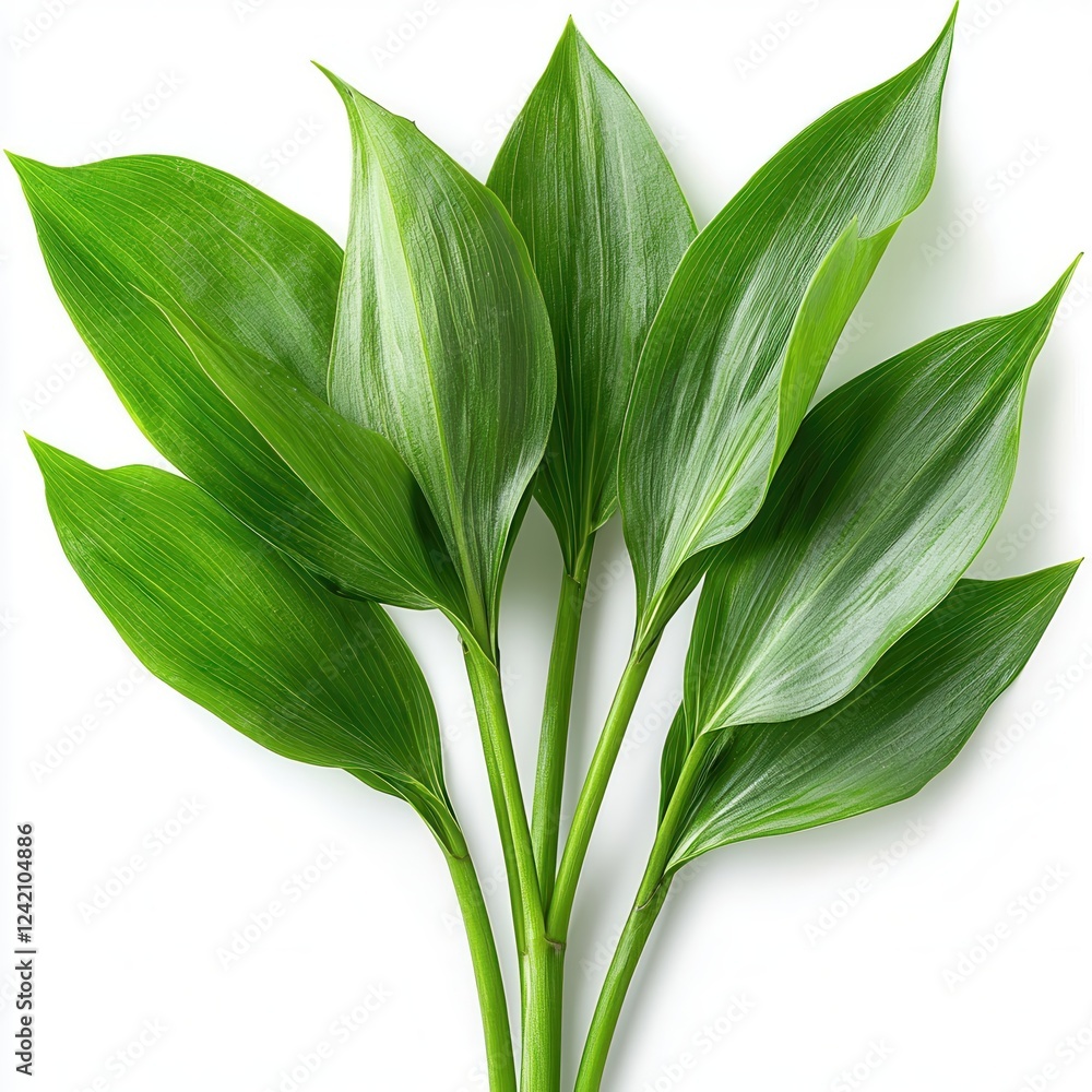 Fototapeta premium Lush green leaves arranged beautifully on a white isolated background.