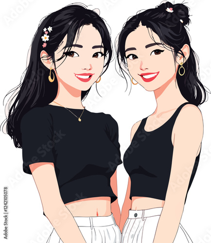 Two beautiful asian girls smiling and wearing black tops and white skirts