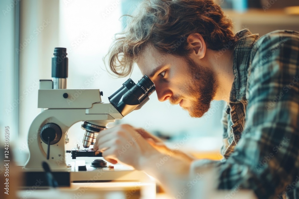 A young man intently studies a specimen through a microscope, engrossed in scientific research. A young man intently studies a specimen through a microscope, engrossed in scientific research.