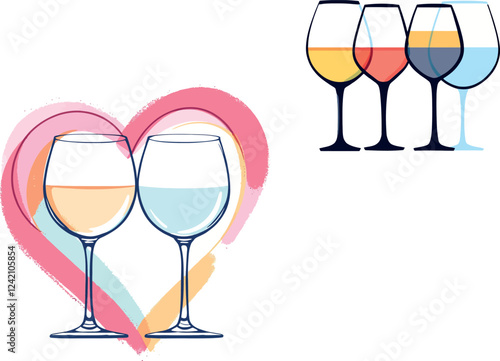 Wine tasting celebrating love and romance with colorful wineglasses
