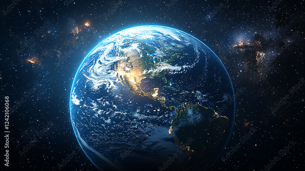 Naklejka premium Earth from Space with blue oceans and green continents – cosmic glow with stars background