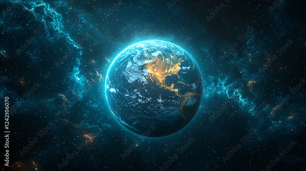 Earth from Space with blue oceans and green continents – cosmic glow with stars background Earth from Space with blue oceans and green continents – cosmic glow with stars background