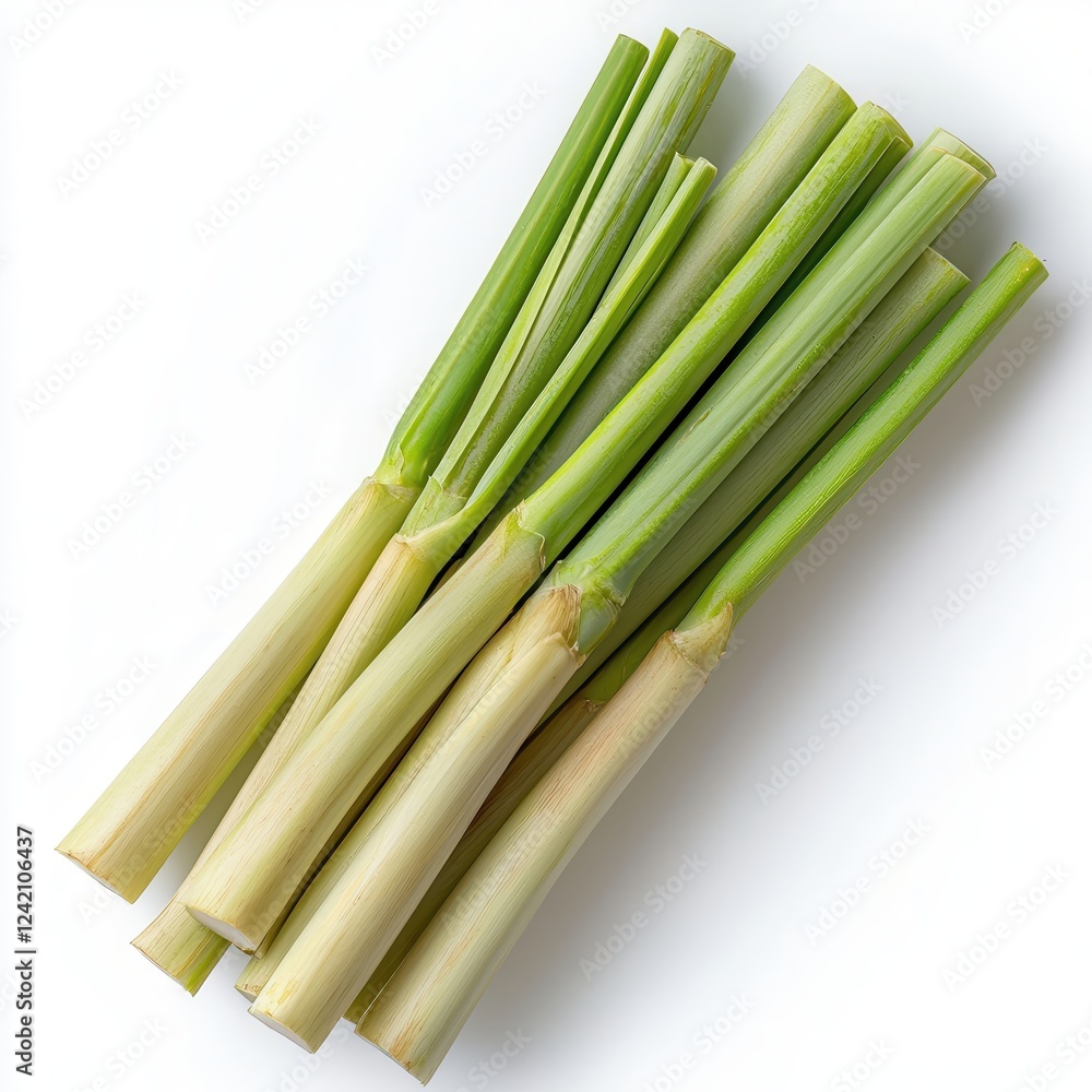 Fototapeta premium Fresh lemongrass stalks arranged on a white isolated background.