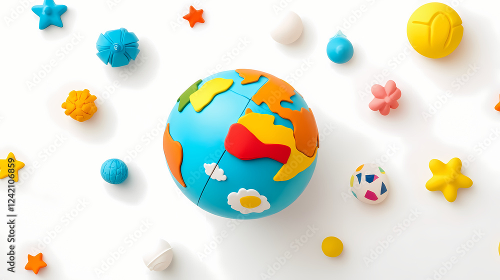 Fototapeta premium Colorful toy globe with interactive features on a white isolate background. Interactive & Kinetic Designs. Illustration