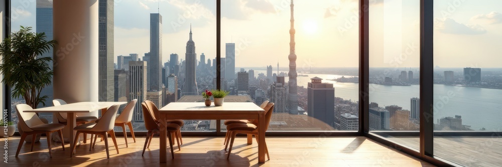 Fototapeta premium Bright minimalist dining area, wooden floor, cityscape backdrop, home decor, skyscraper