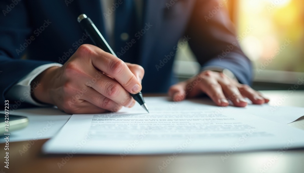 Businessperson's hand intently signing contract detail, focus, completion Businessperson's hand intently signing contract detail, focus, completion