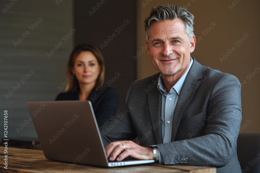 Fototapeta premium Confident businessman working on laptop with colleague in background, showcasing success and collaboration.