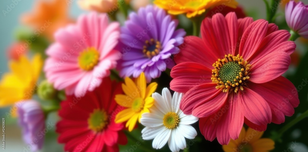 Colorful, mixed-flower bouquet, close-up view , daisy, petals Colorful, mixed-flower bouquet, close-up view , daisy, petals
