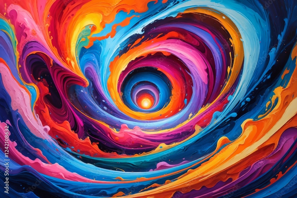 A colorful abstract swirl painted with oil paint on canvas. Creative multicolored interior painting. Abstract colorful swirl.