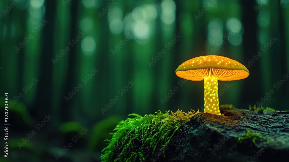 Fototapeta premium Glowing Mushroom in Forest with Soft Green Background