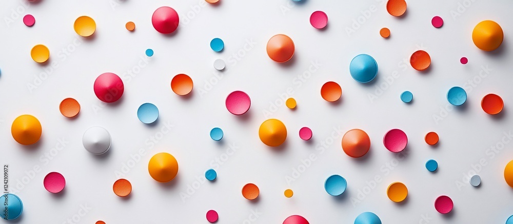 Colorful arrangement of circular objects on a white background, ideal for creative design concepts Colorful arrangement of circular objects on a white background, ideal for creative design concepts