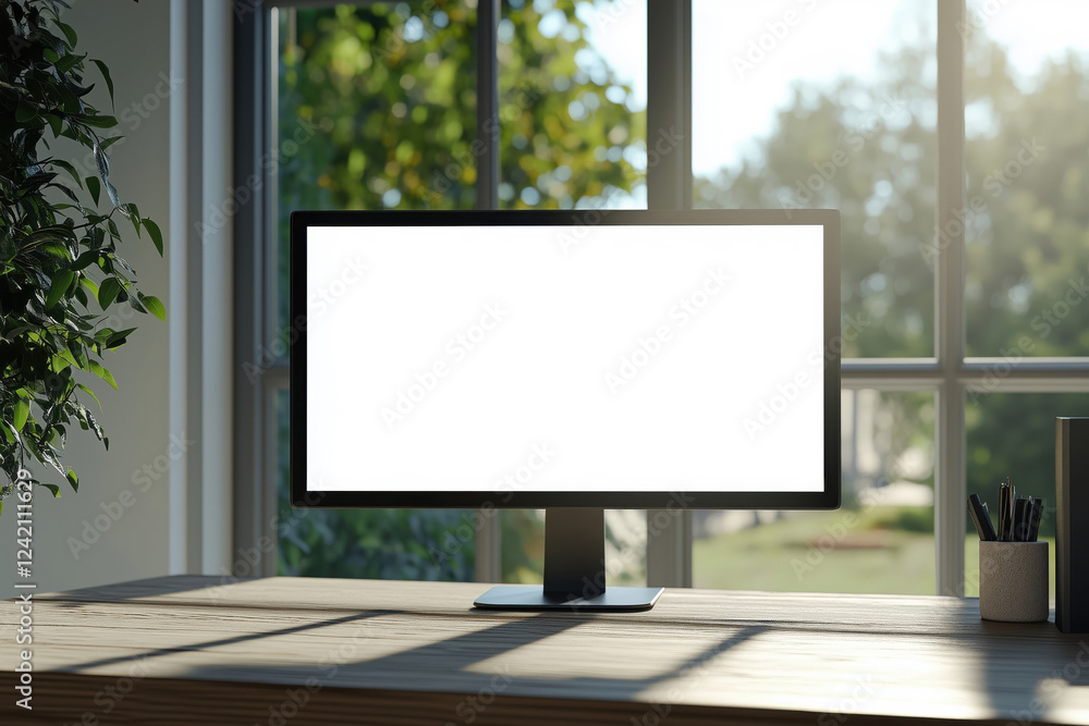 Desktop computer with white blank screen on the wooden table Desktop computer with white blank screen on the wooden table