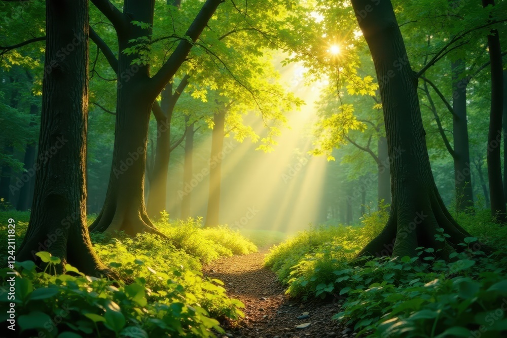 Obraz premium Golden sunlight streams through emerald canopy, illuminating dappled forest floor, calm, green